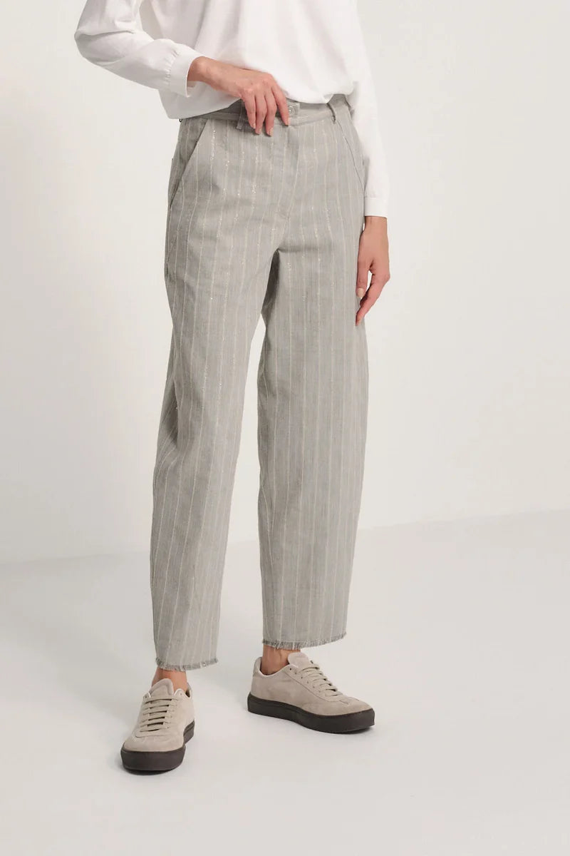 Grey Linen Pinstripe Trousers with Subtle Gold Shimmer - Relaxed Fit Trousers