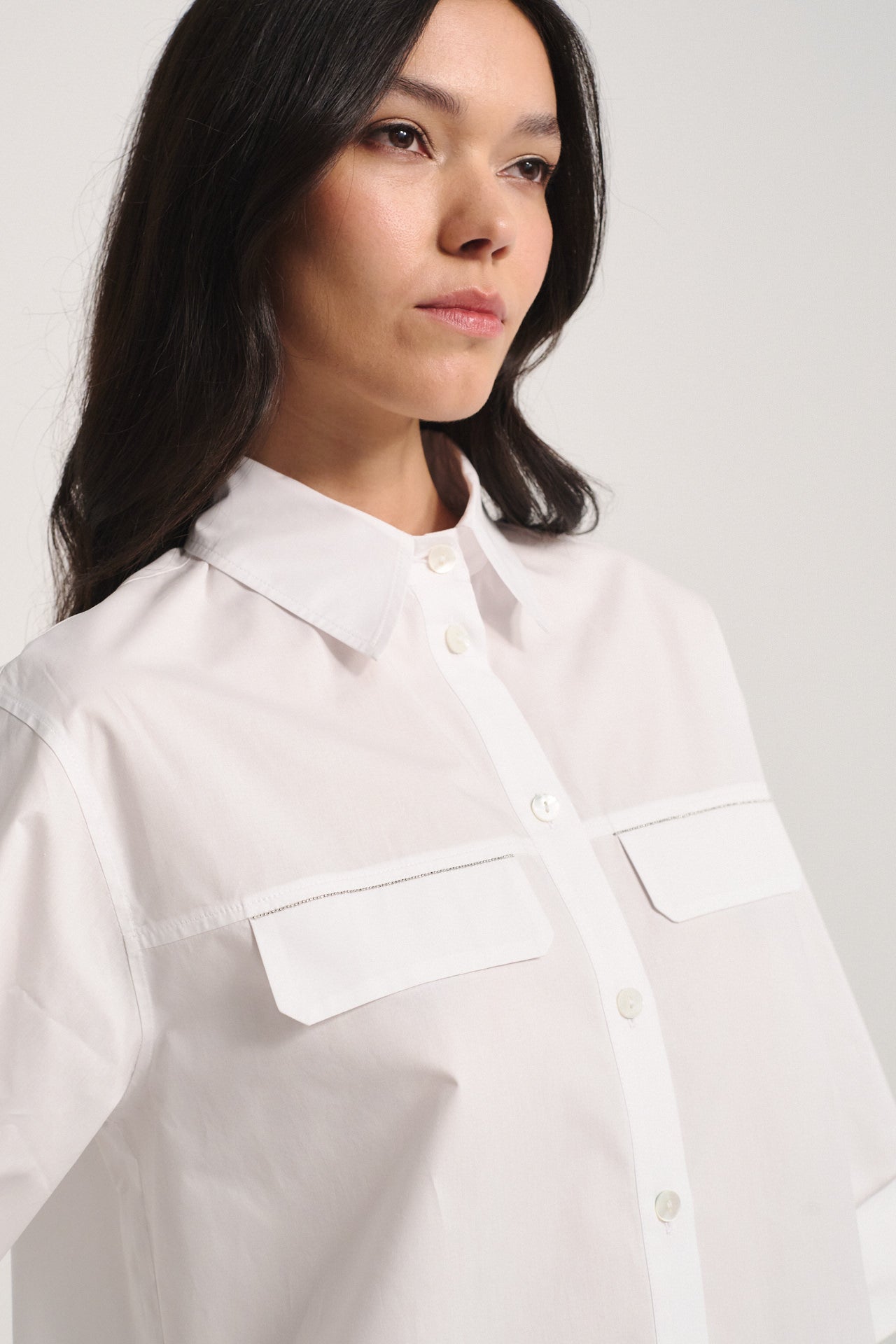 White Cotton Button-Up Shirt with Monili - Relaxed Fit Short Sleeve Blouse