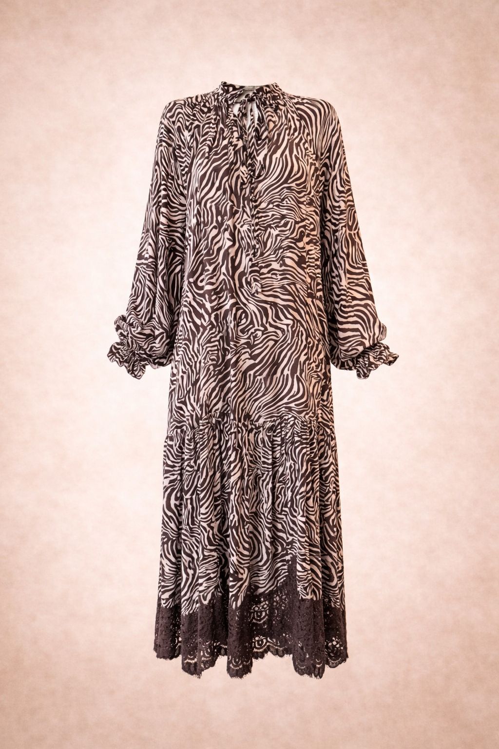 Zebra Print Maxi Dress - Brown Boho Tiered Midi with Lace Hem