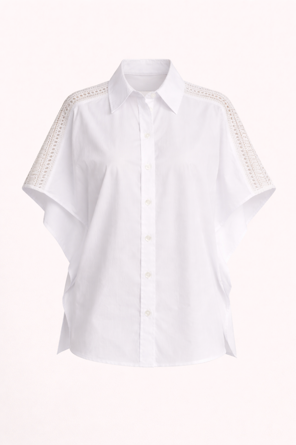 White Cotton Shirt with Knit Sequin Detail - Luxe Crochet Shoulder Blouse