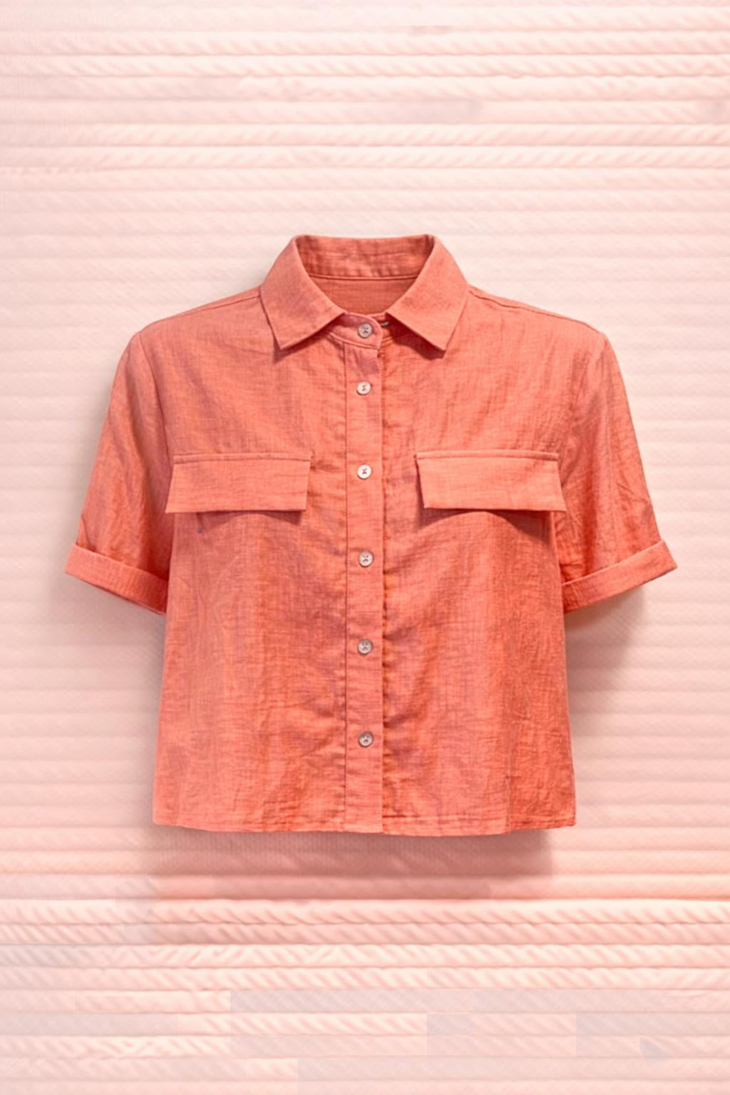 Coral Linen Short Sleeve Shirt - Relaxed Fit Summer Button-Up Top