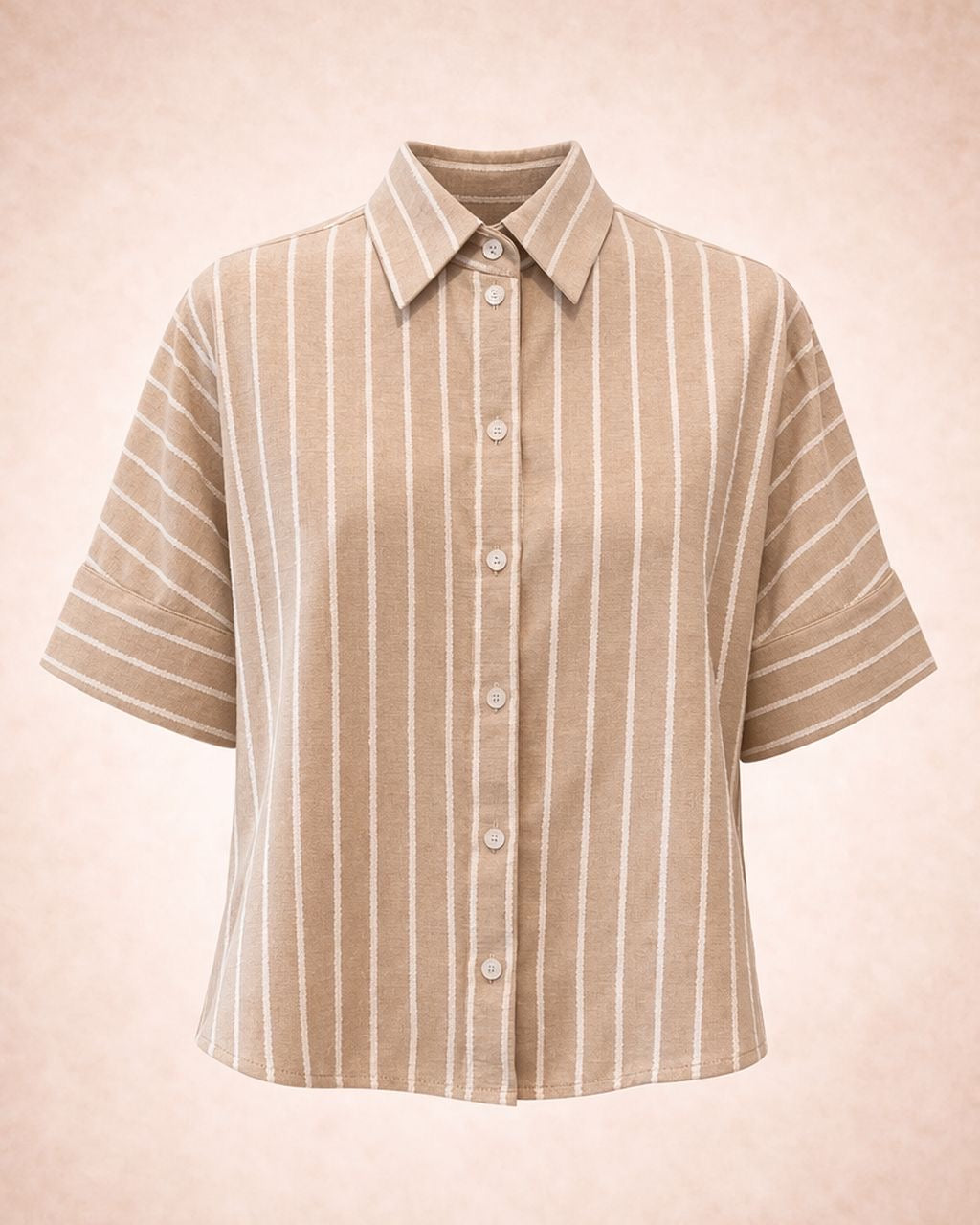 Beige with Striped Cream and Gold Lines Short Sleeve Shirt - Relaxed Fit Summer Blouse