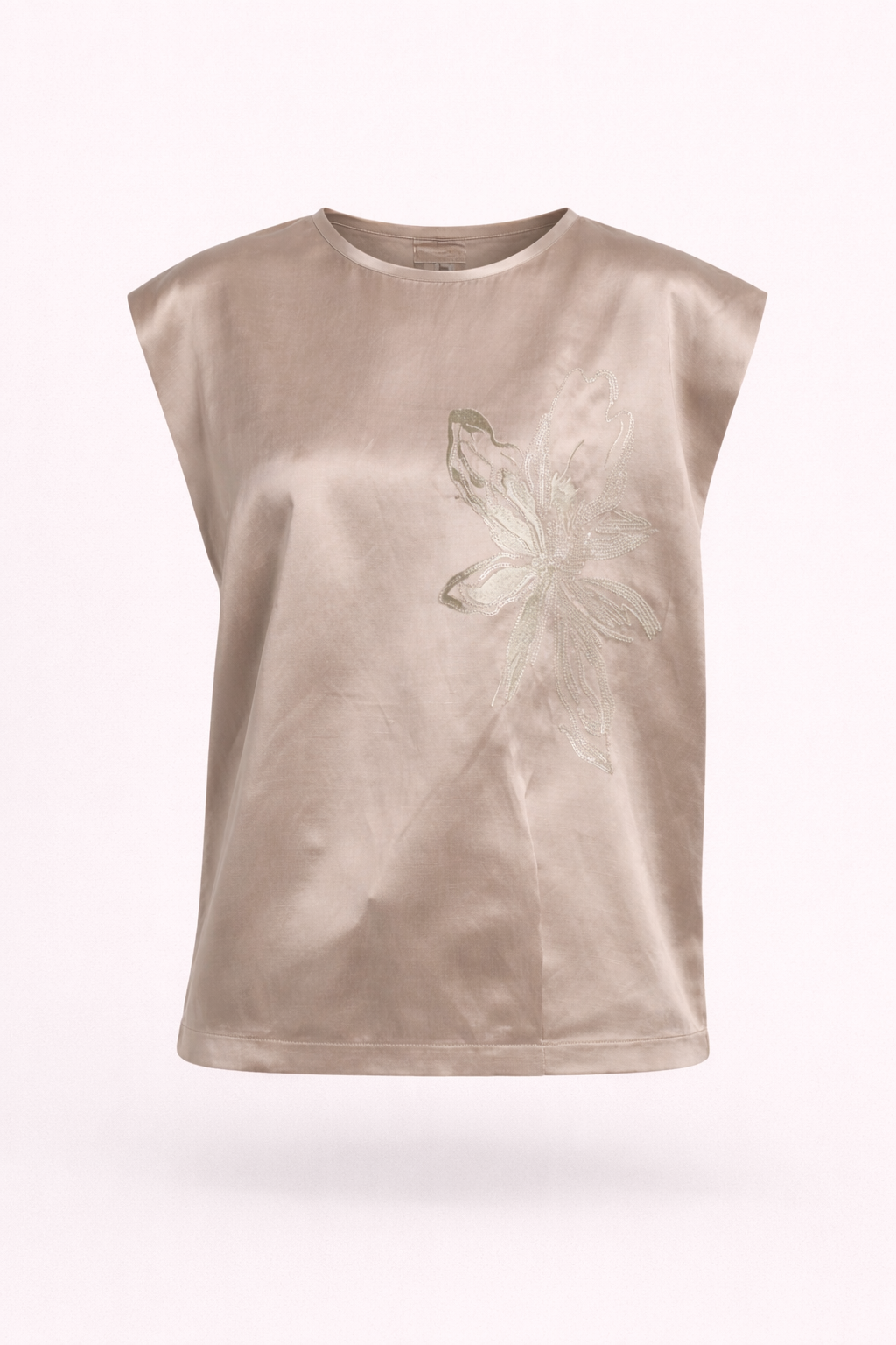 Champagne Satin Top with Sequin Floral Embroidery – Elegant Sleeveless Luxury Blouse