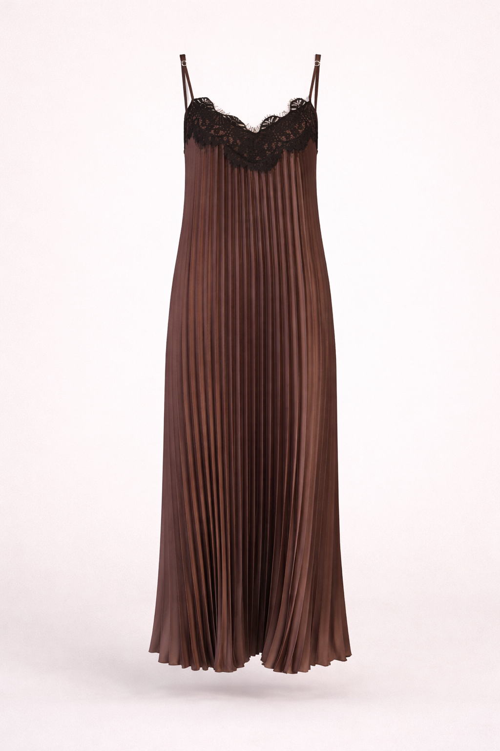 Chocolate Brown Pleated Maxi Dress with Lace Trim