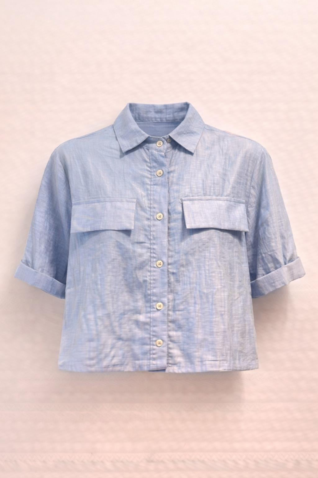 Sky Blue Linen Short Sleeve Shirt - Lightweight Relaxed Fit Summer Blouse