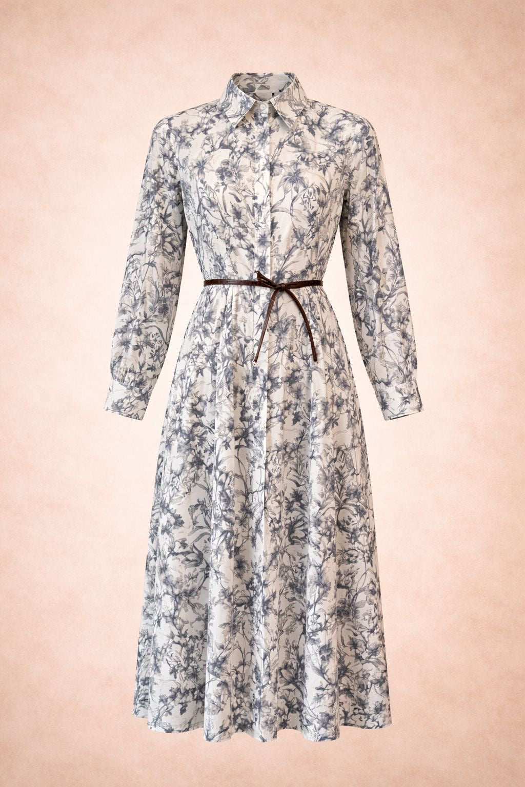 Blue Floral Maxi Dress - Elegant Long Sleeve Shirt Dress with Belt