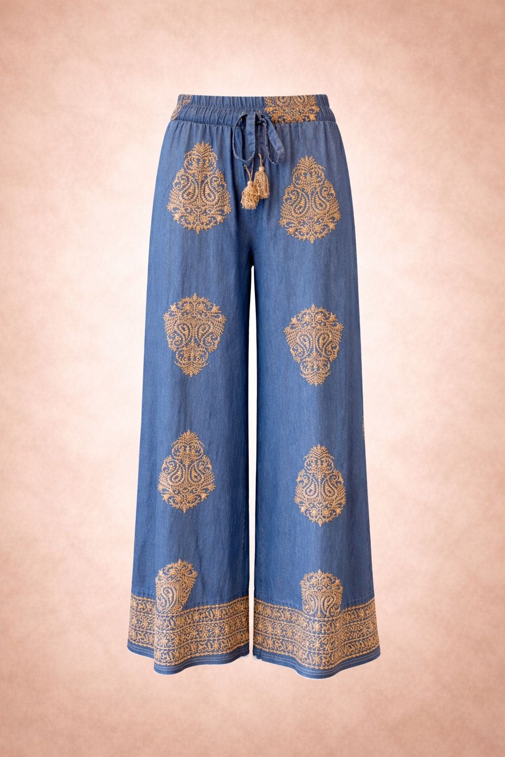 Blue Embroidered Wide-Leg Trousers - Boho Maxi Summer Pants