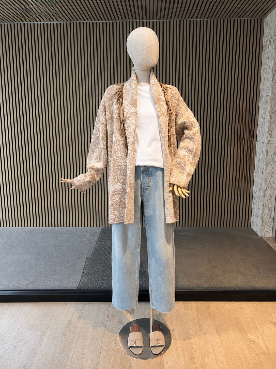 Boho Fringe Knit Oversized Cardigan Jacket - Beige Tribal Pattern Belted Cardigan