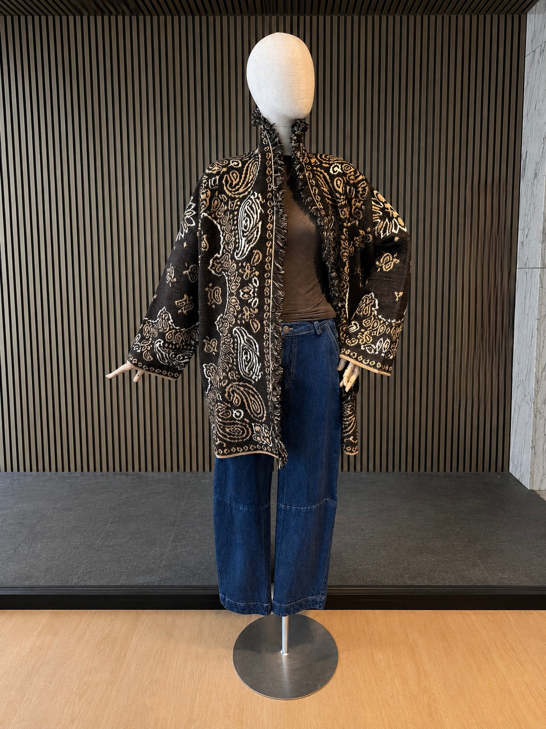 Relaxed Fit Brown & Camel Paisley Jacquard Cardigan With Fringe Trim