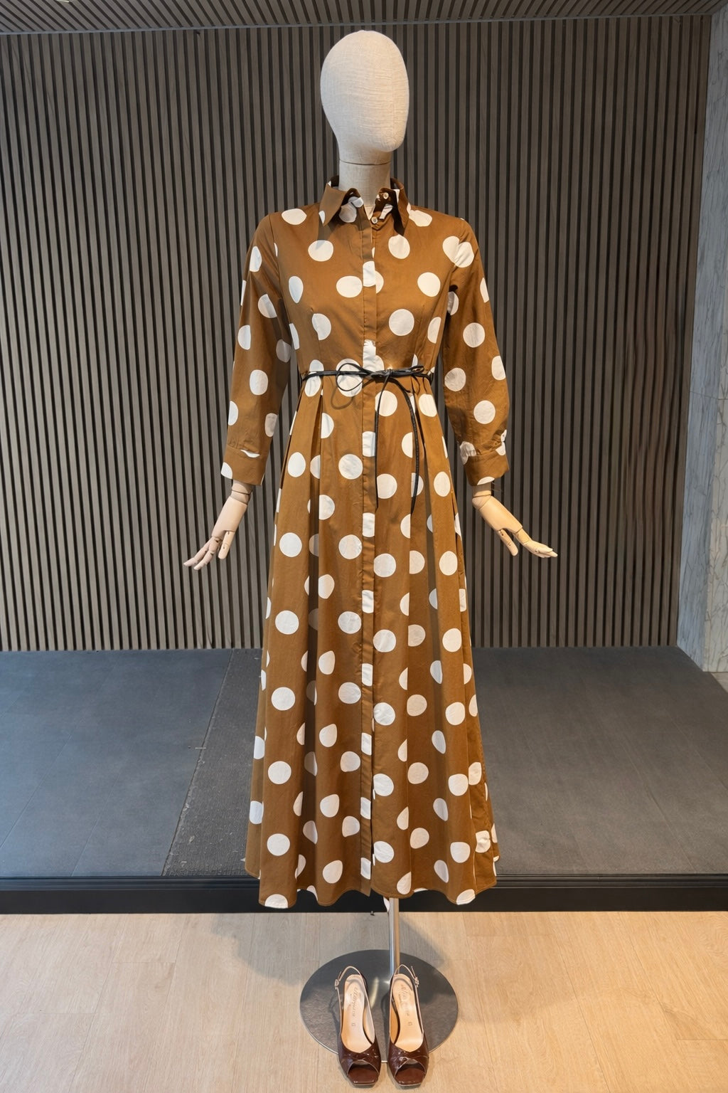 Brown Polka Dot Shirt Maxi Dress With Belt