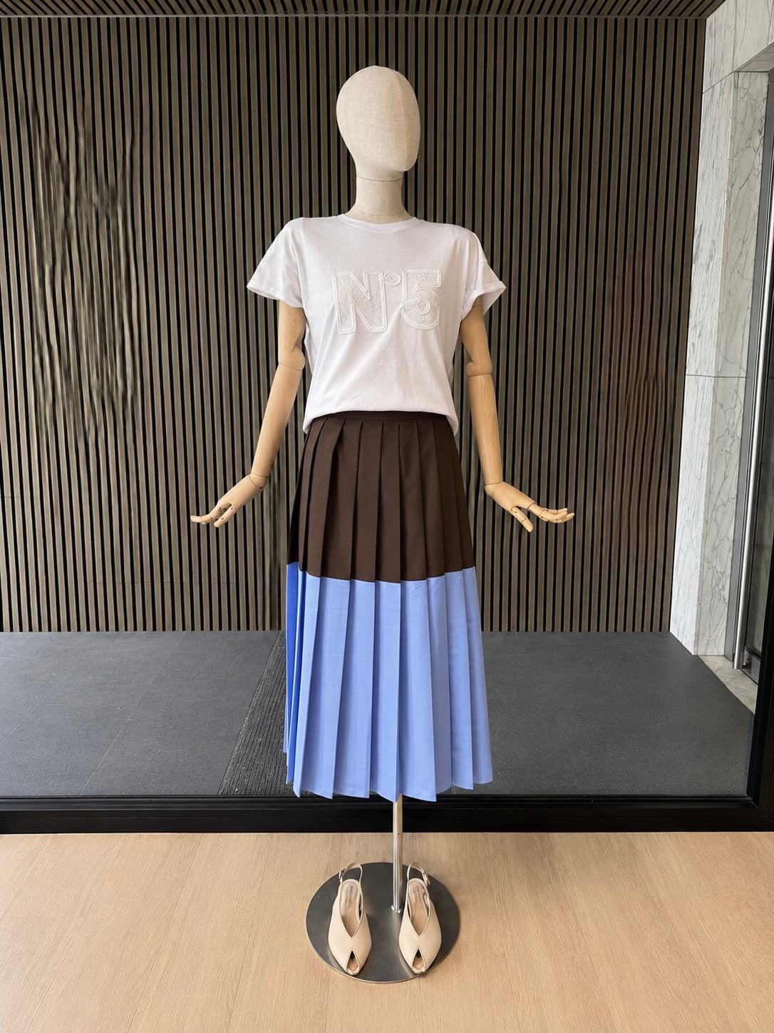 Chocolate Brown & Powder Blue Colour Block Pleated Midi Skirt