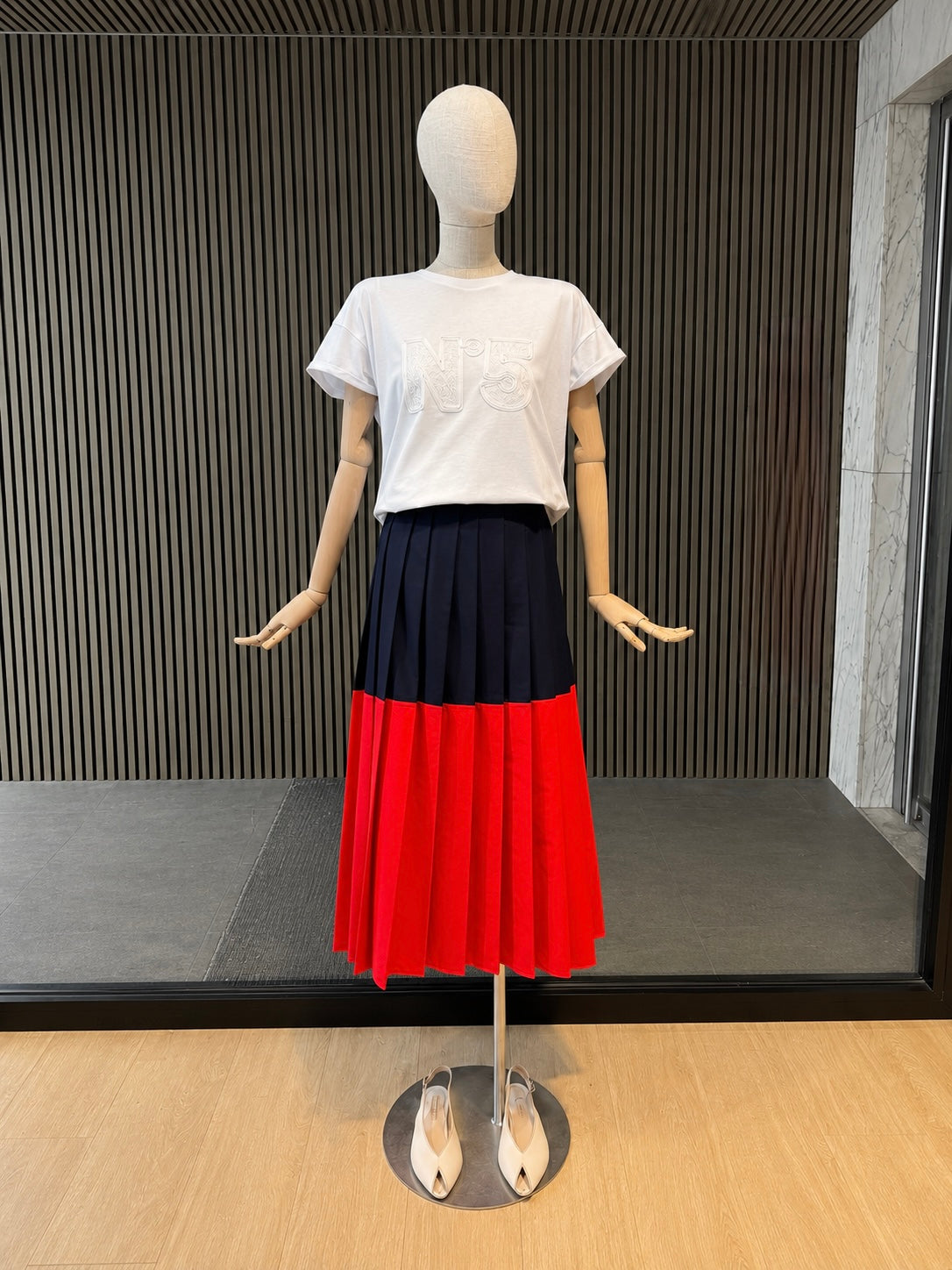 Navy & Red Colour Block Pleated Midi Skirt