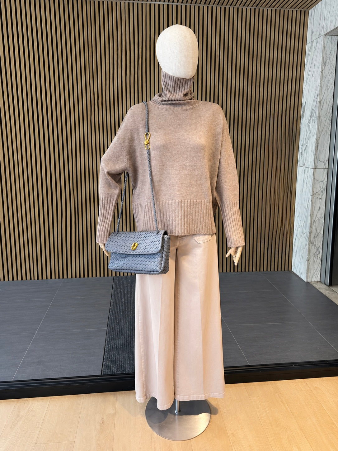 Grey Woven Leather Shoulder Bag With Gold Hardware