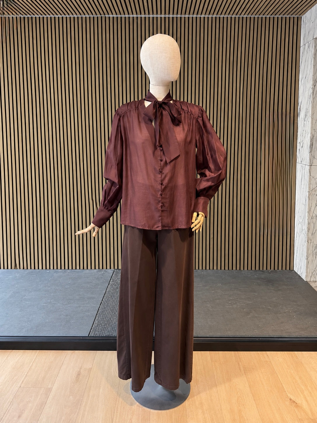 Burgundy Brown Bow Neck Blouse With Long Sleeves