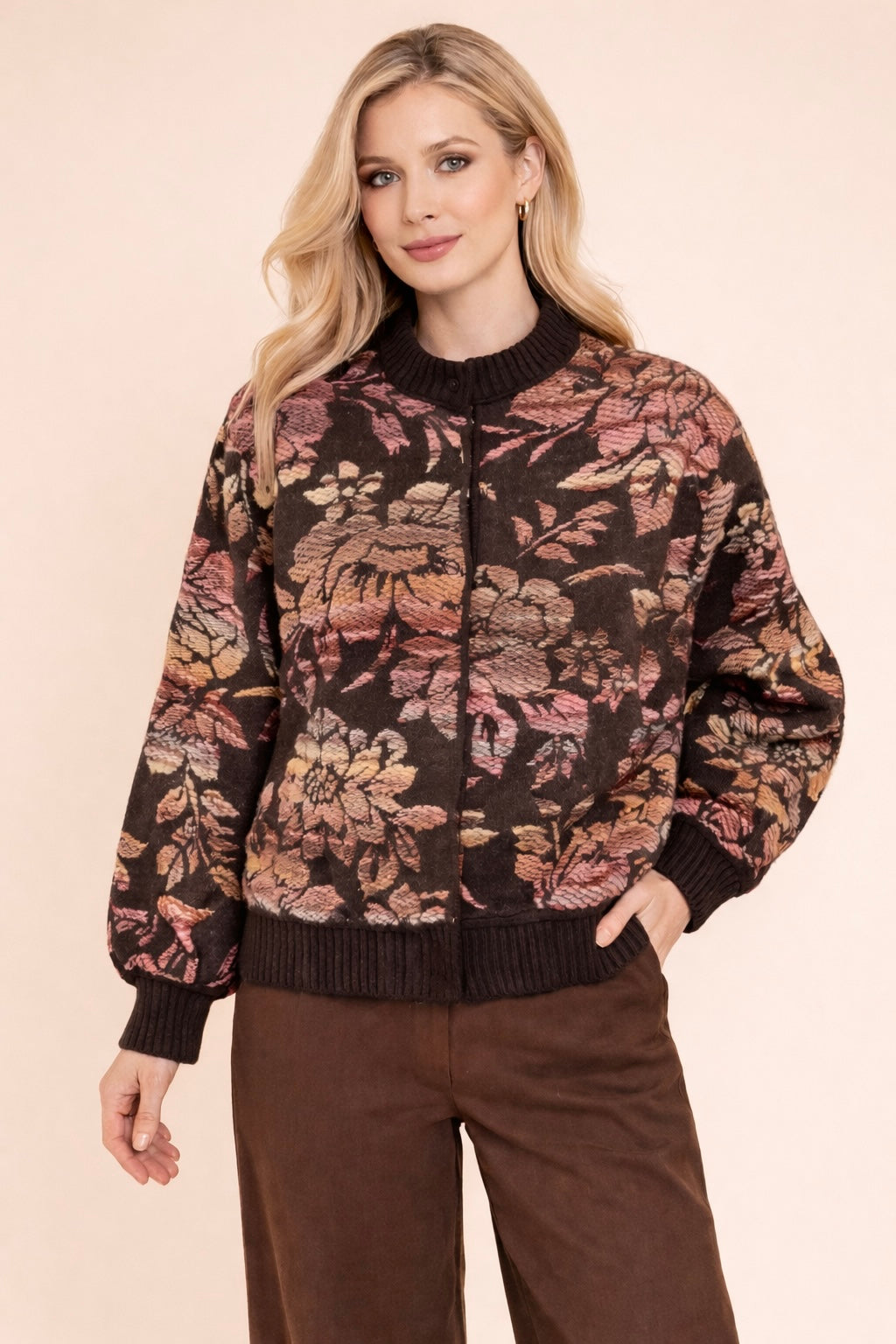 Blouson bomber en maille imprimé chocolat coupe décontractée