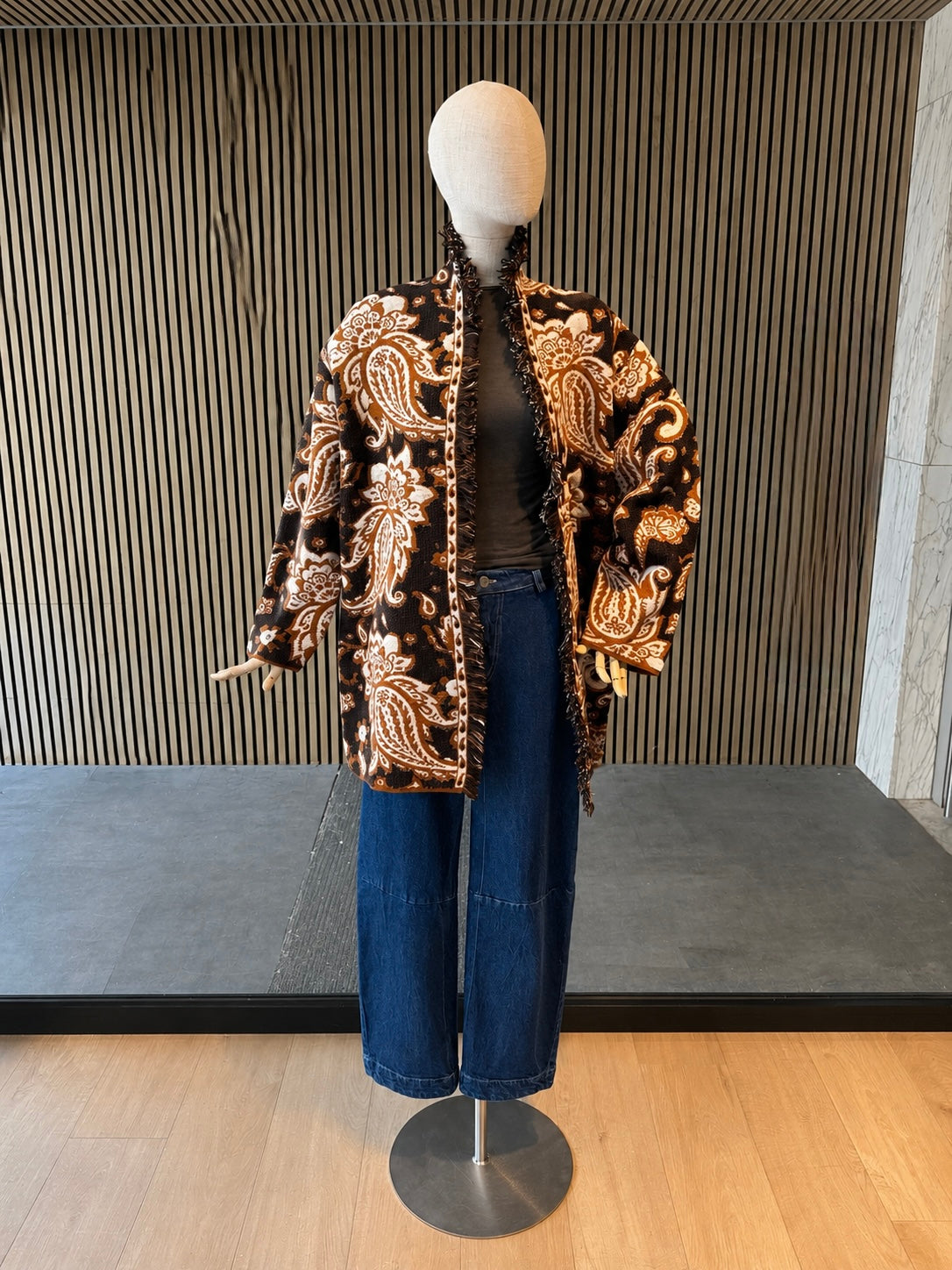 Relaxed Fit Brown Paisley Jacquard Knit Cardigan With Fringe Trim