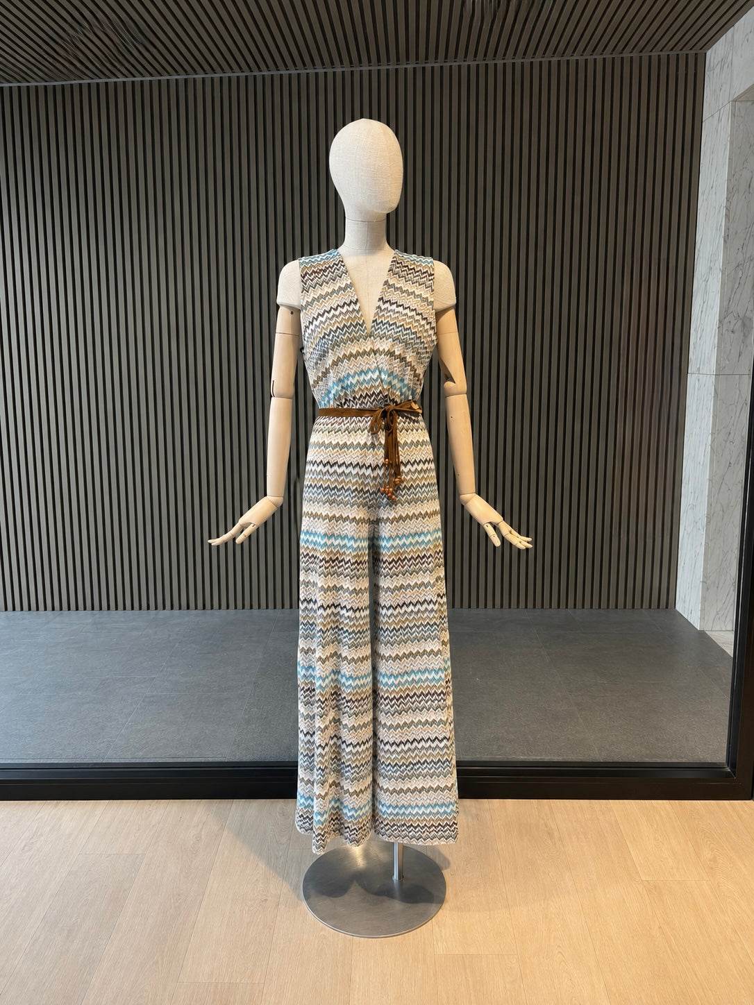 Bohemian Zigzag Print wide Leg Jumpsuit With Tie Waist - Green, Blue & Beige
