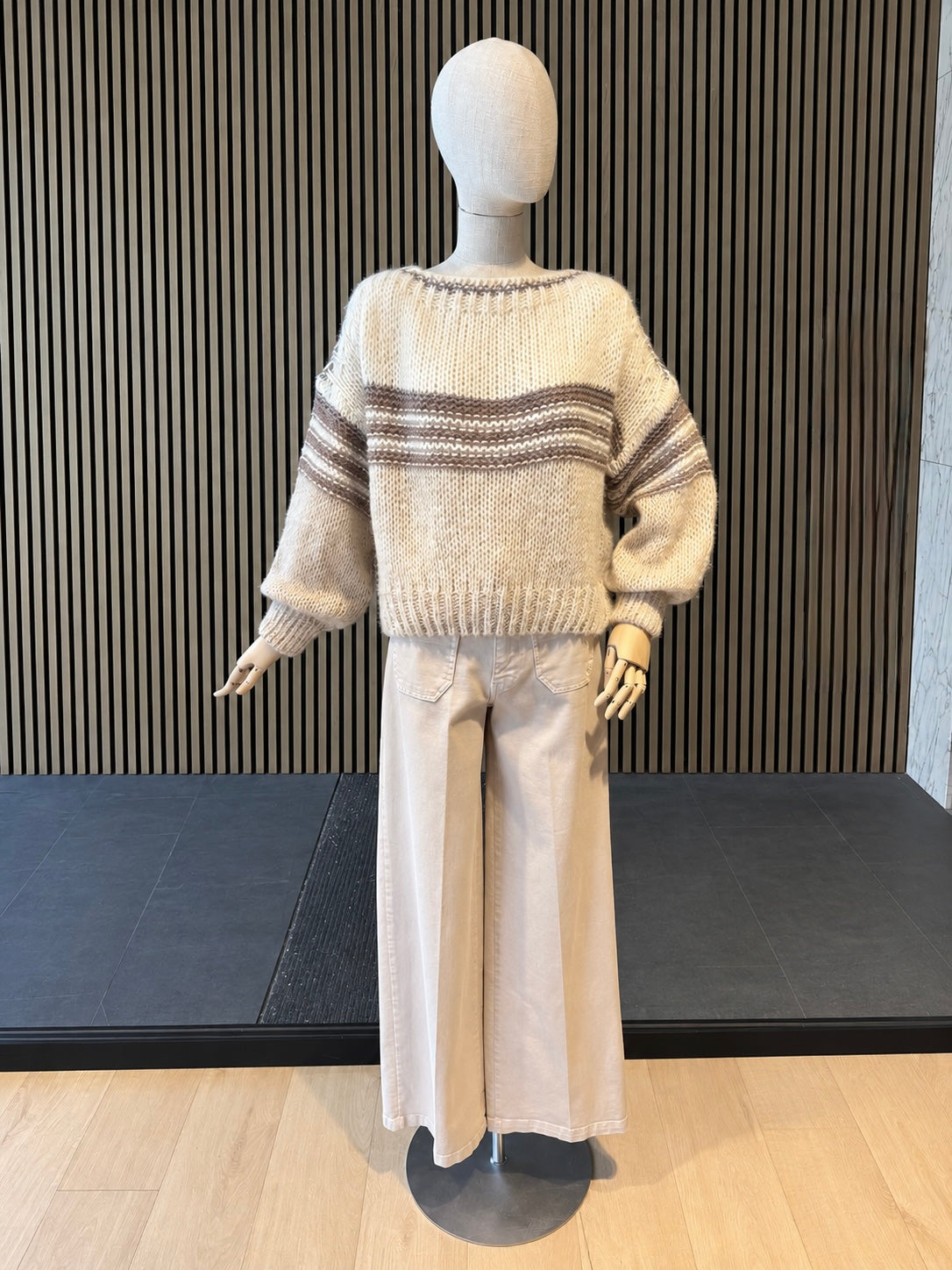 Women's Ivory & Taupe Striped Chunky Knit Sweater