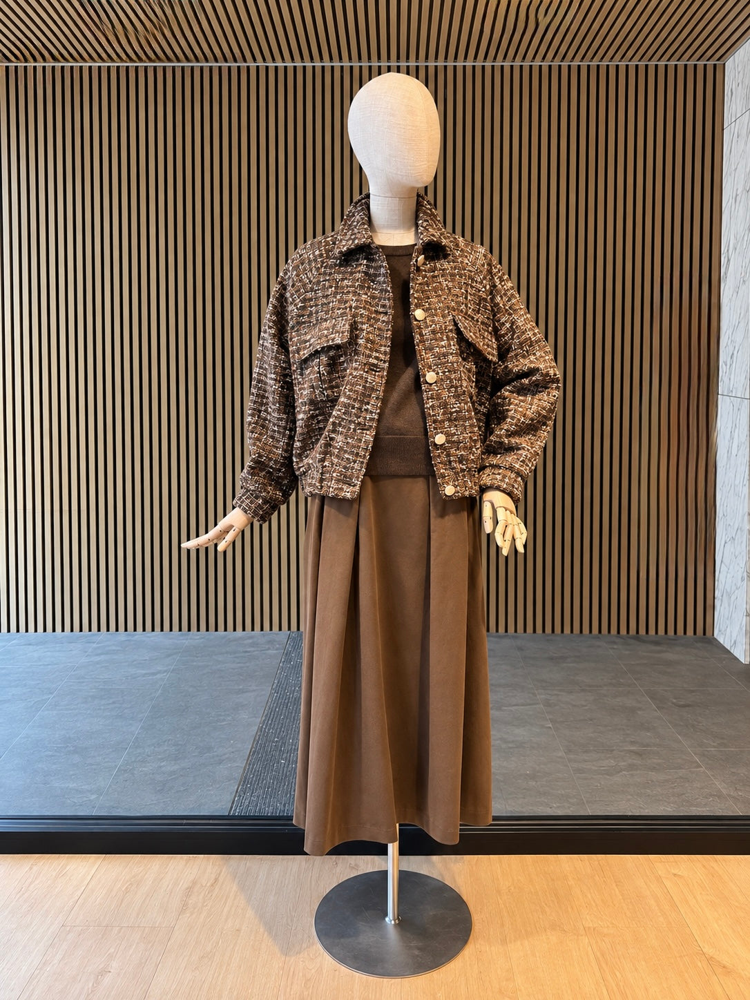 Relaxed Fit Brown Boucle Tweed Bomber Jacket With Gold Buttons