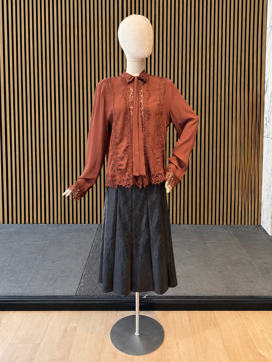 Relaxed Fit Rust Lace Blouse With Bow Neck & Sheer Details