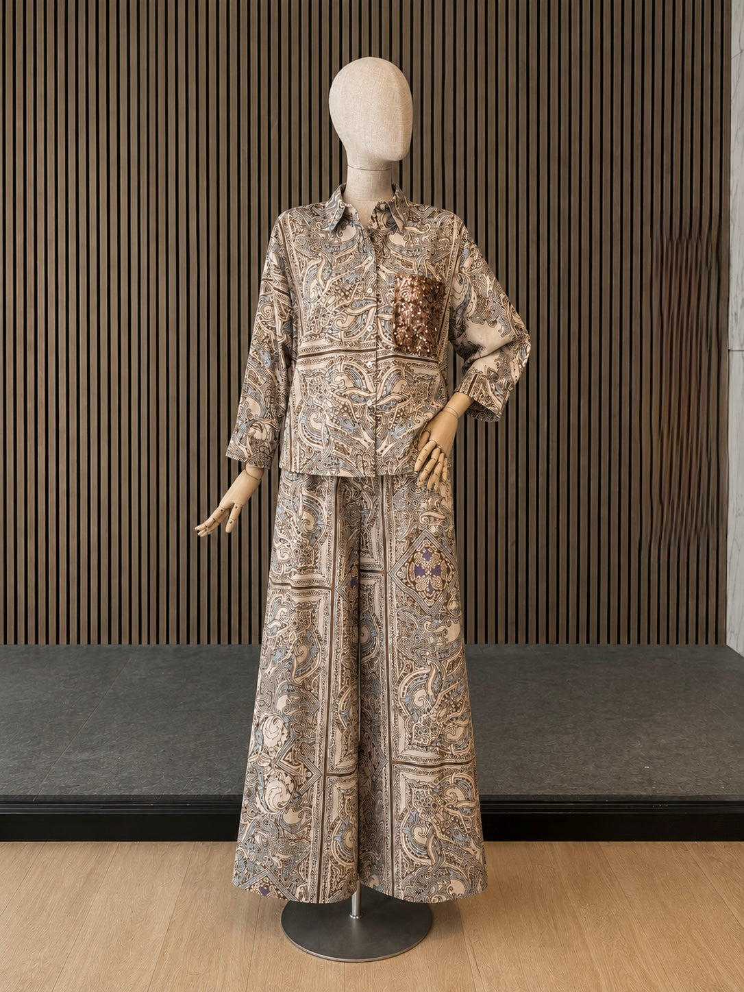 Paisley Wide Leg Palazzo Trousers With Tassel Tie Waist - Beige & Sky Blue Print