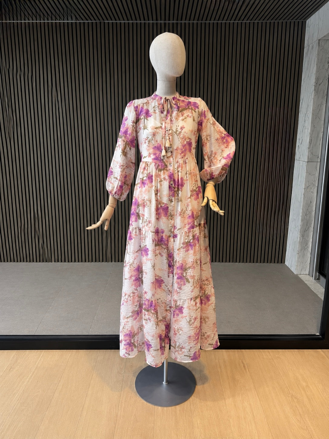 Pink Floral Maxi Dress With Long Sleeves & Tie Neck - Women's boho dress
