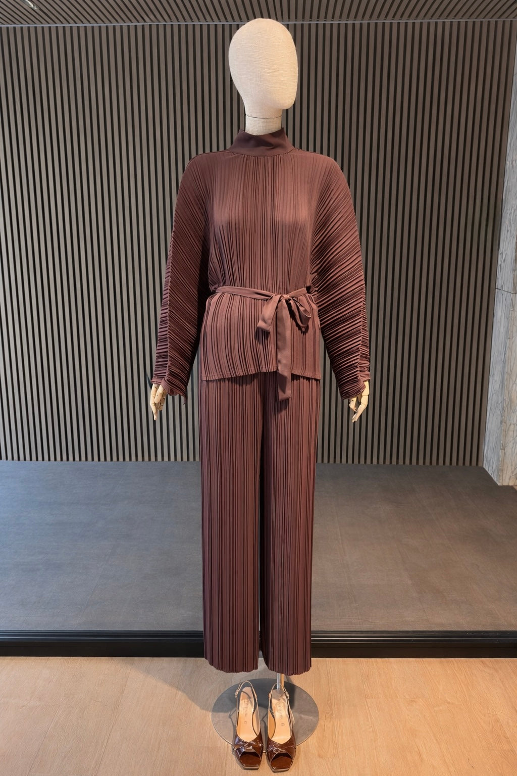 Brown Pleated Relaxed Fit Belted Top