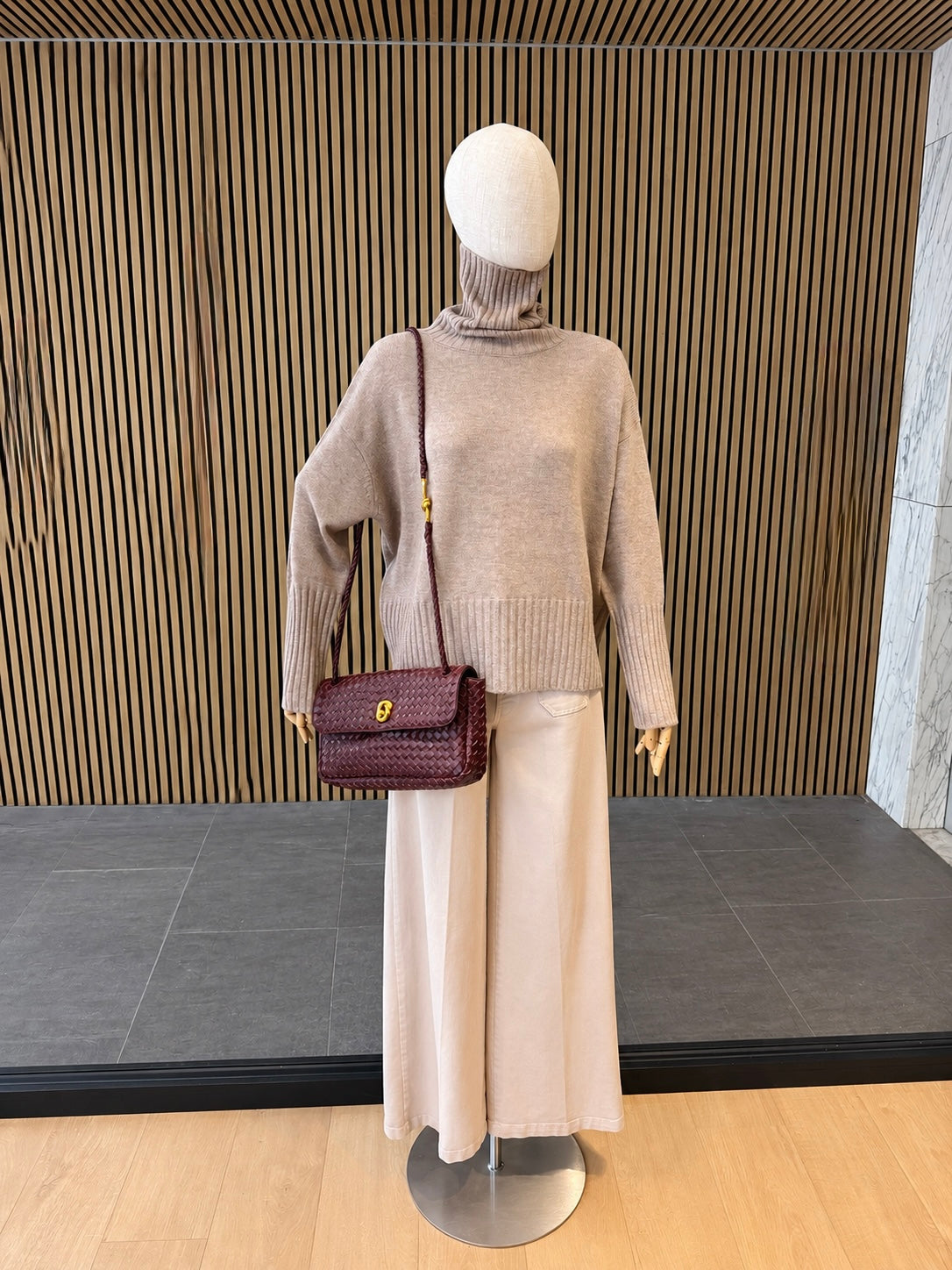 Burgundy Woven Leather Shoulder Bag With Gold Hardware