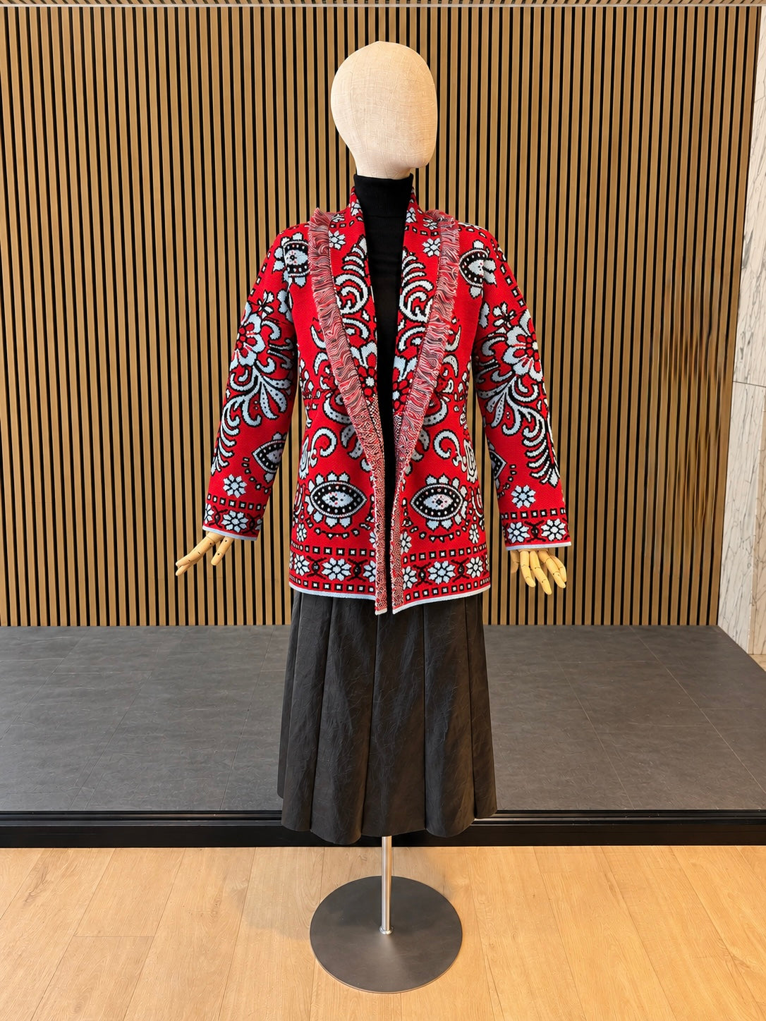 Relaxed Fit Red Jacquard Knit Cardigan With Belt & Fringe Trim
