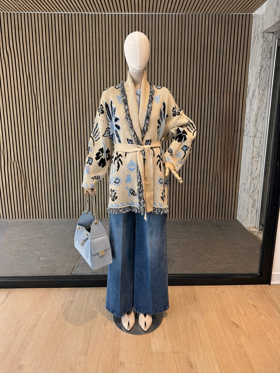 Belted Boho Knit Cardigan - Beige & Blue Oversized Statement Jacket