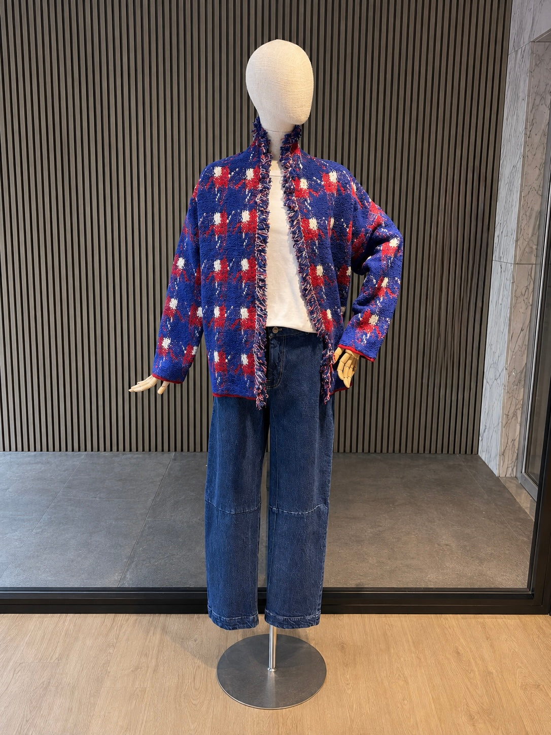Women's Relaxed Fit Blue, Red & Cream Boucle Check Cardigan Jacket