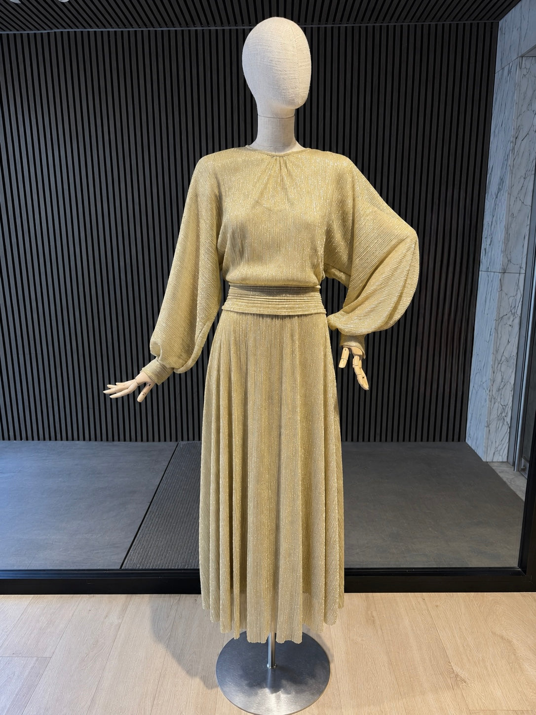 Champagne Shimmer Balloon Sleeve Midi Dress