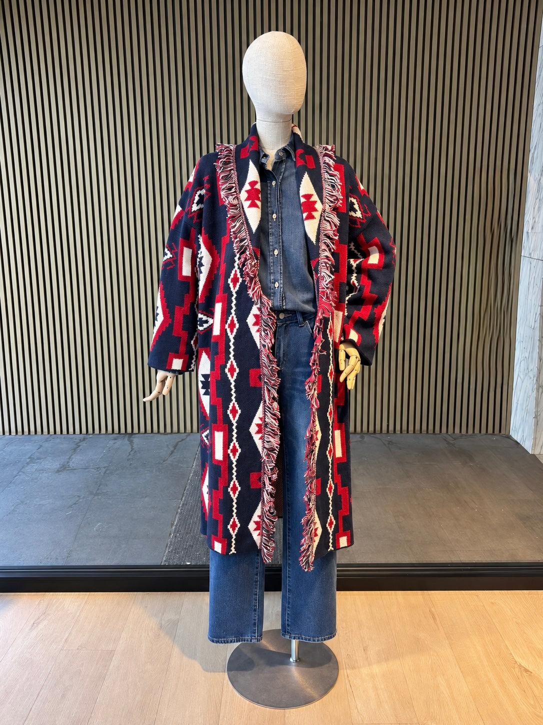 Women’s Long Geometric Knit Cardigan with Belt & Fringe – Navy & Red