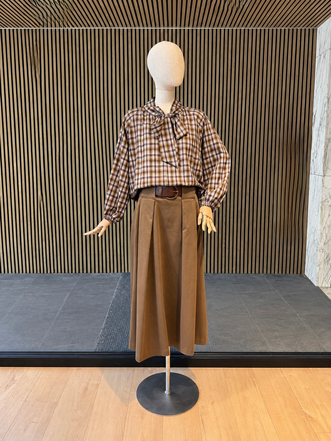 Camel Brown Pleated Maxi Skirt With Belt