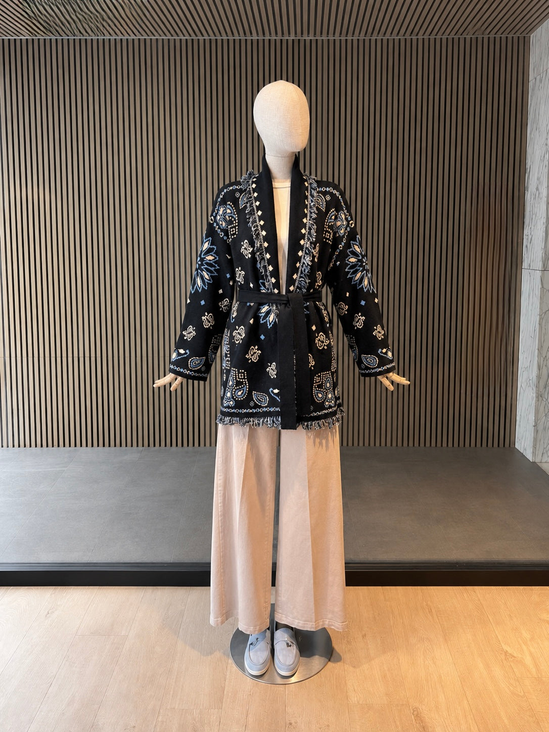 Navy Boho Knit Cardigan With Belt - Oversized Fringe Jacquard Cardigan