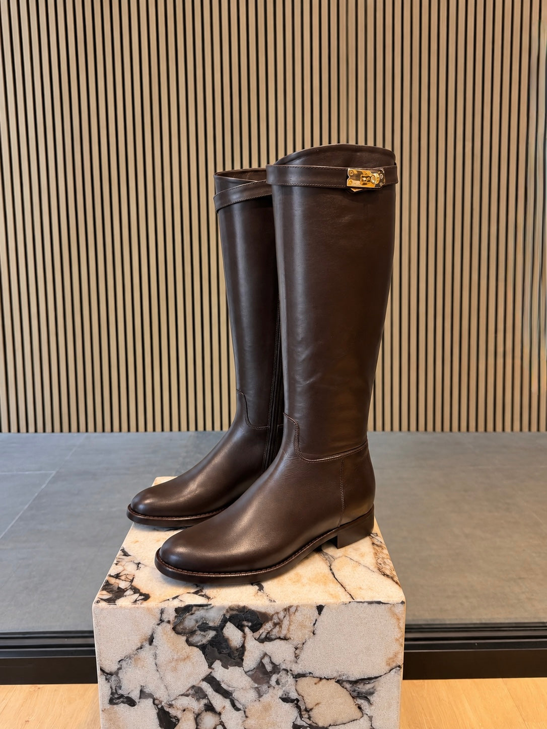 Women's Dark Brown Leather Knee-High Boots With Gold Buckle