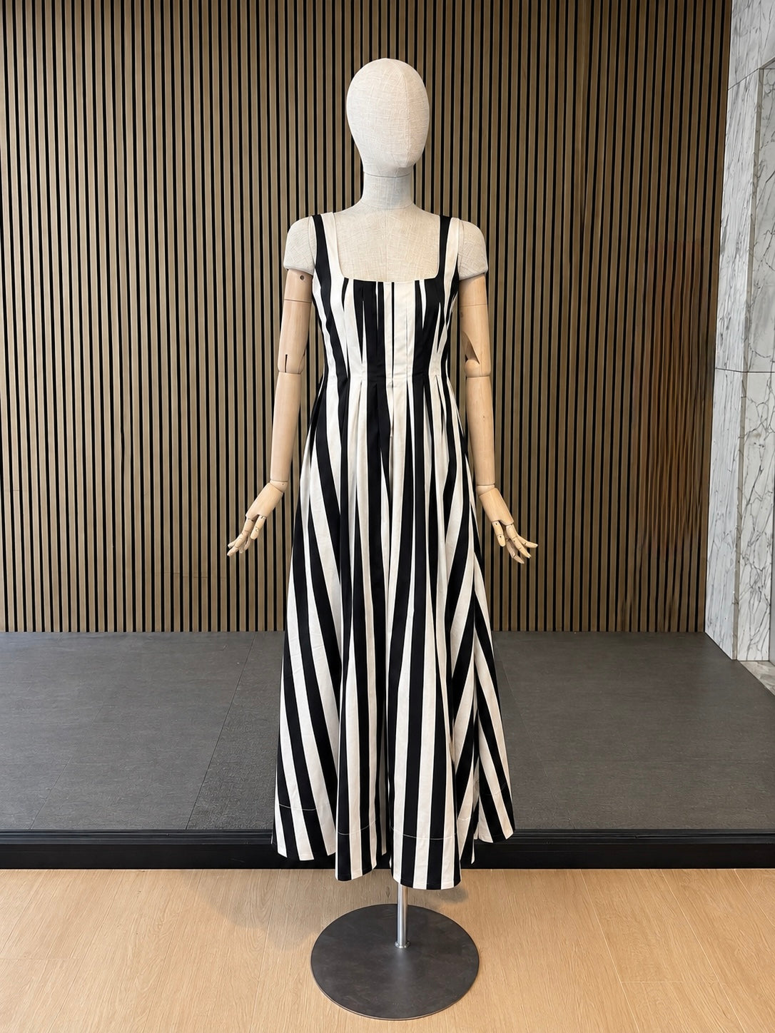 Women's Black & Cream Striped Square Neck Maxi Dress