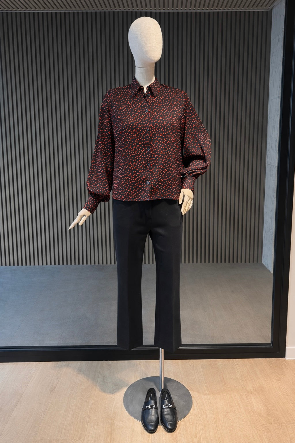 Women's Black Button-Down Blouse With Red Polka Dots & Puff Sleeves