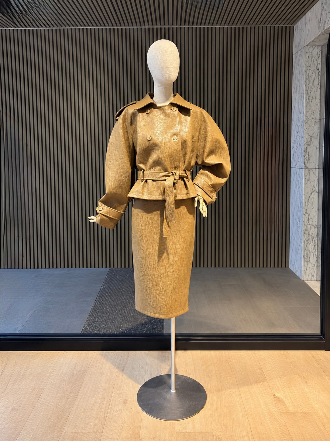 Oversized Camel Textured Faux Leather Double-Breasted Belted Jacket
