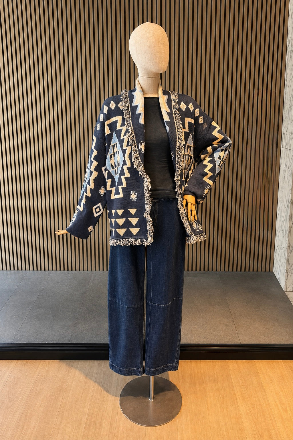 Navy Geometric Jacquard Fringe Cardigan - Women's Oversized Knit Jacket