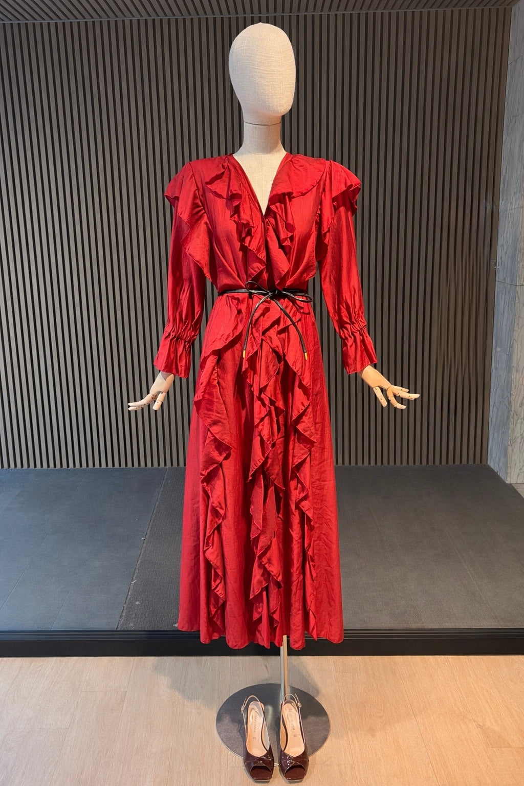 Elegant Red Ruffle Maxi Dress With Belt