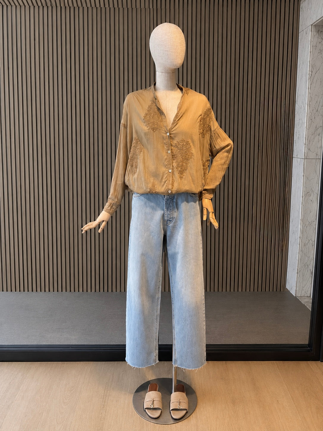 Camel Cotton Silk Embroidered Boho Blouse - Relaxed Fit Lightweight Button Shirt