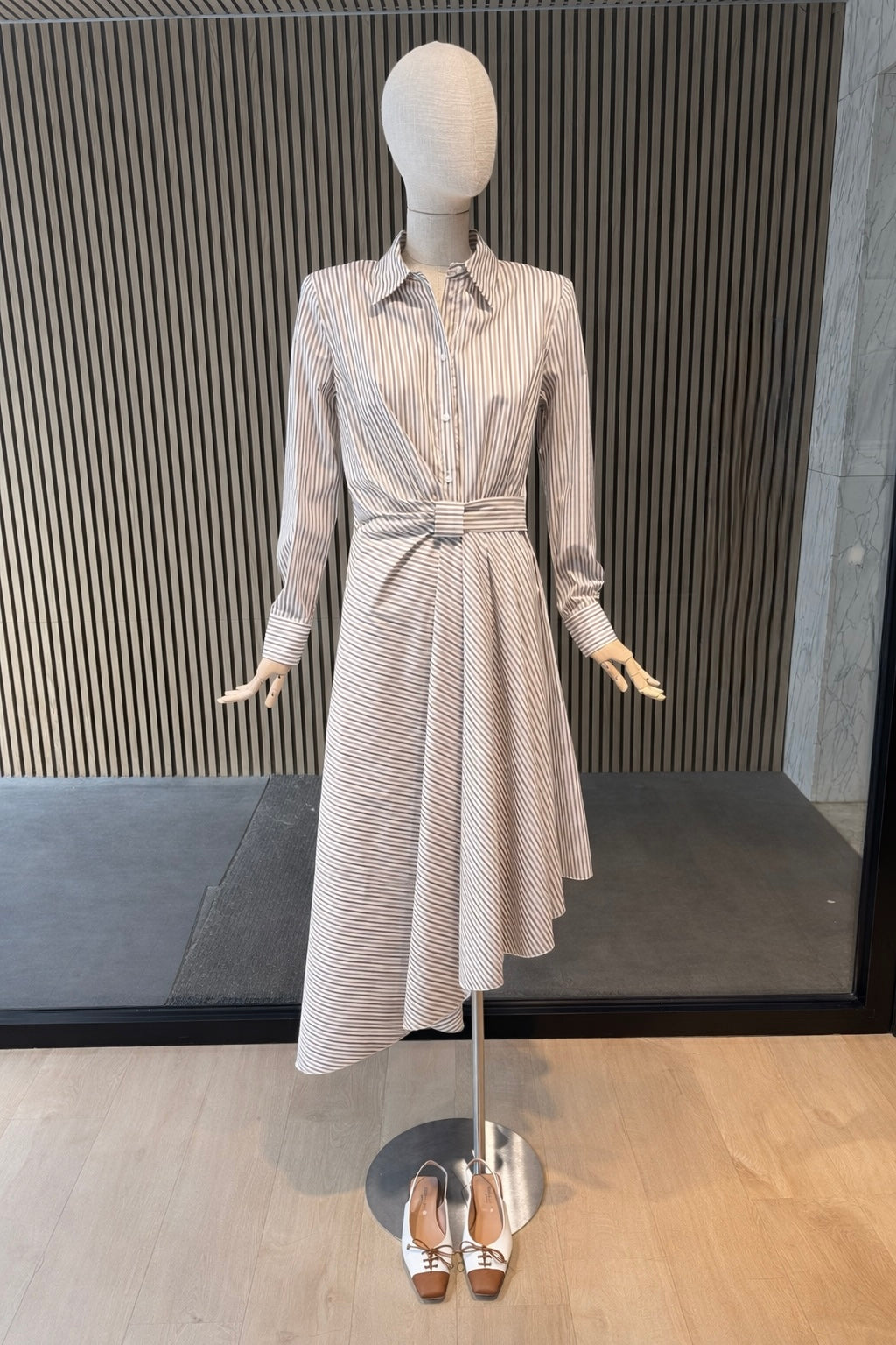 Beige Stripe Asymmetrical Shirt Dress - Belted Long Sleeve Dress