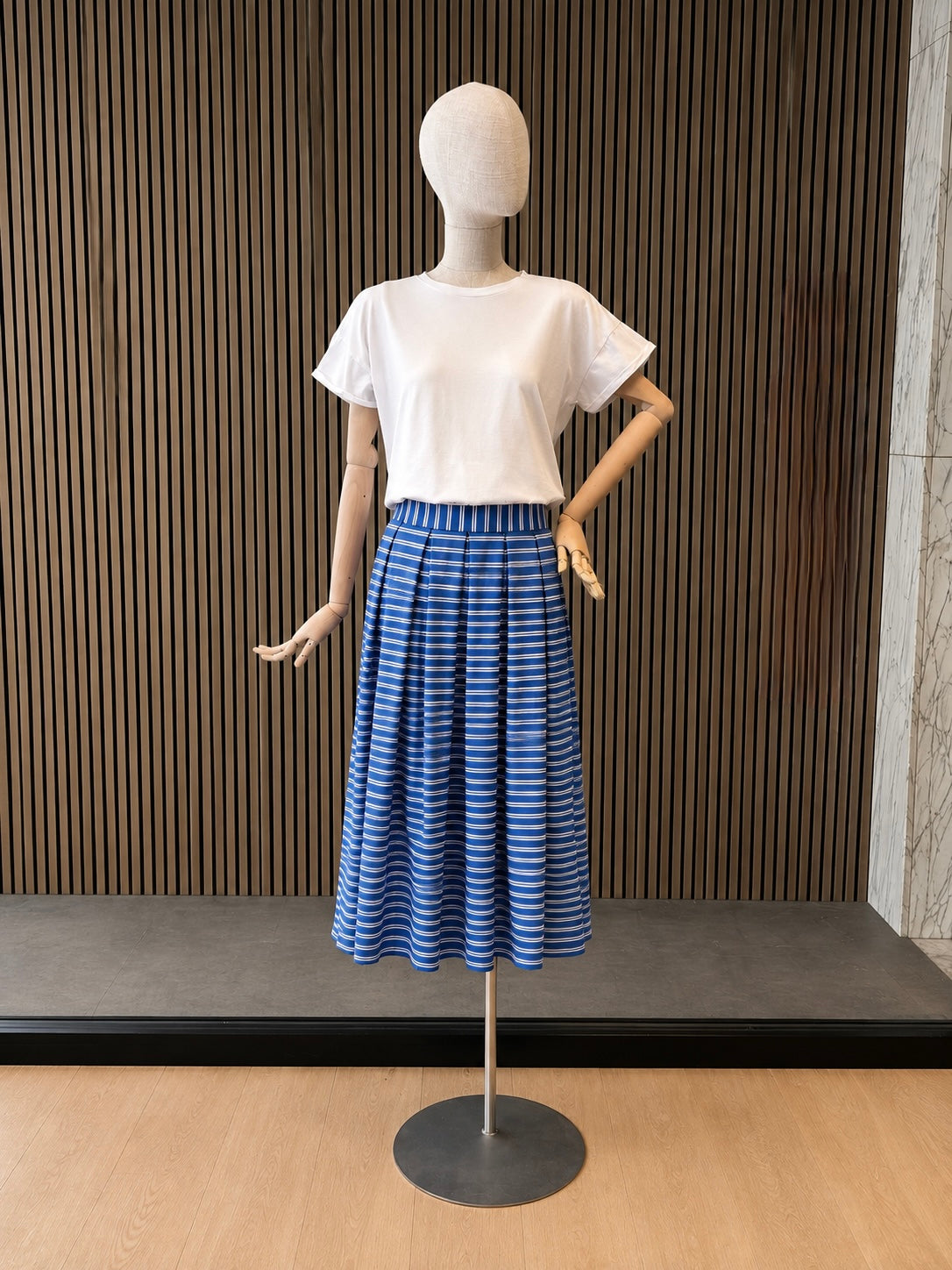 Women's Blue & White Striped A-Line Midi Skirt