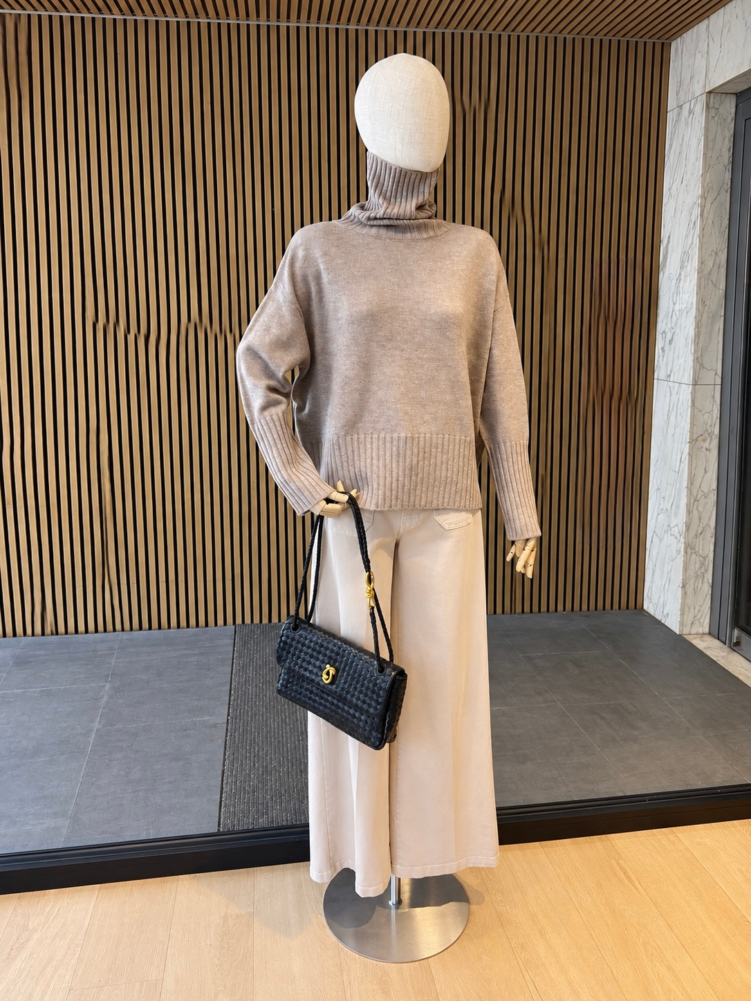 Black Woven Leather Shoulder Bag With Gold Hardware