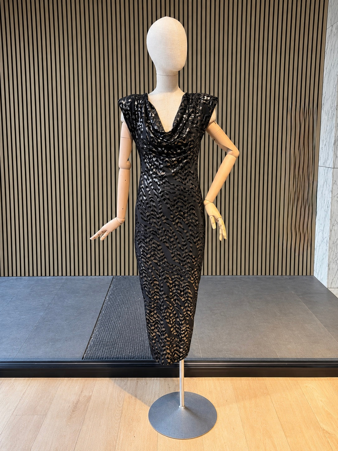Black & Silver Metallic Jacquard Cowl Neck Midi Dress - Party Dress
