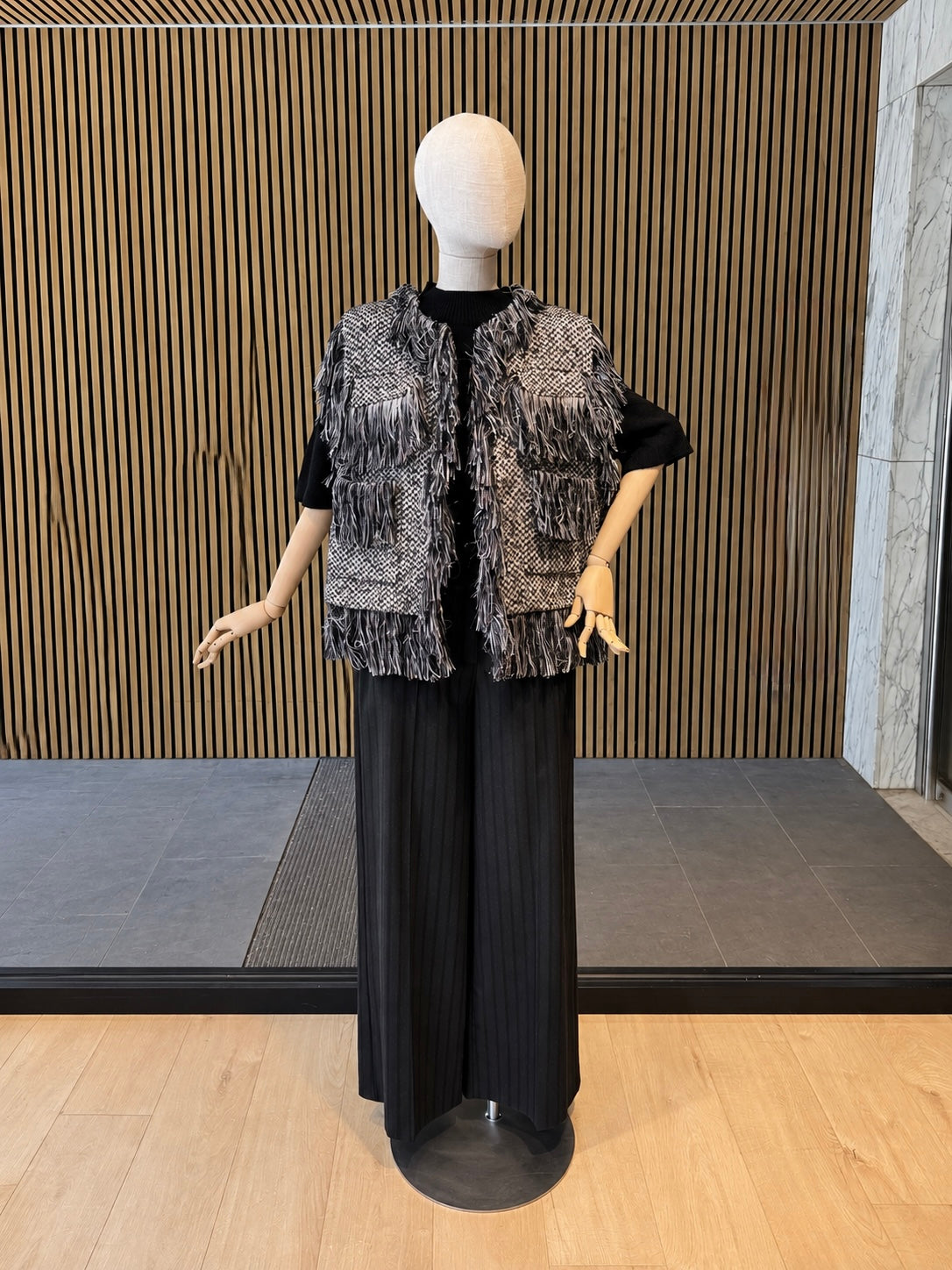 Relaxed Fit Black & Cream Fringe Tweed Vest With Pockets