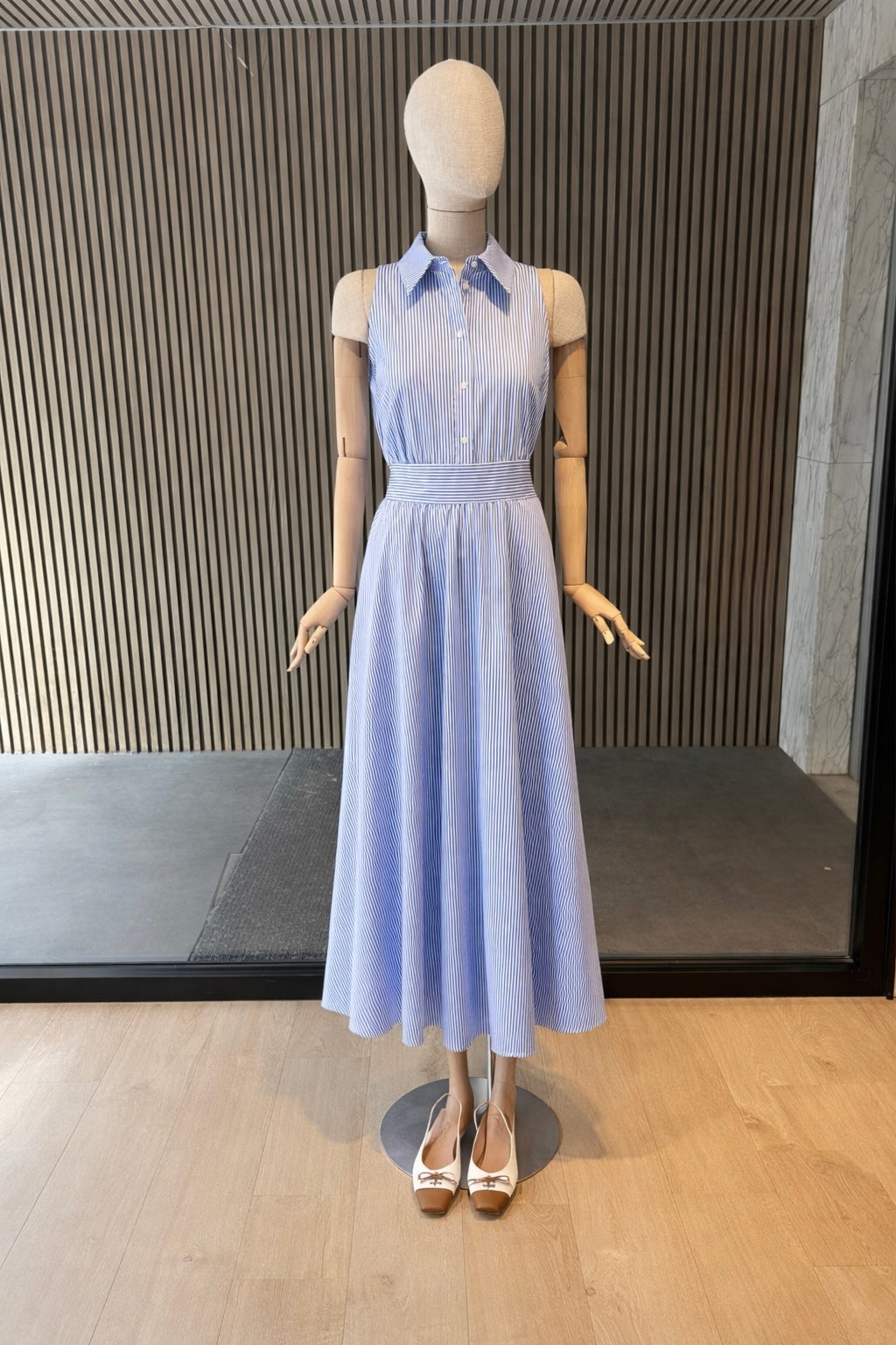 Blue Stripe Collared Maxi Dress - Sleeveless Button Front Cotton Dress