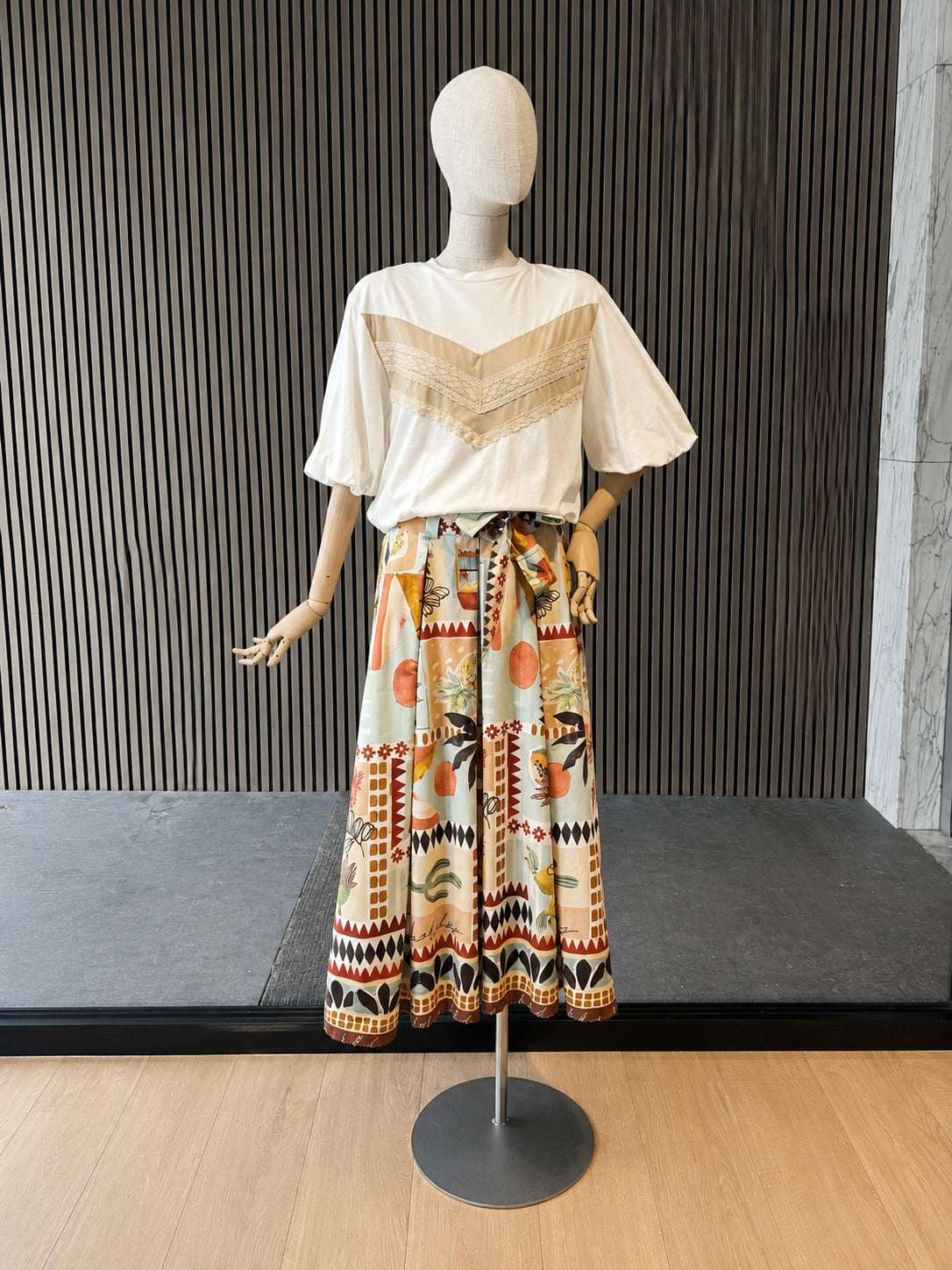Italian Abstract Fruit Print Belted Pleated Maxi Skirt