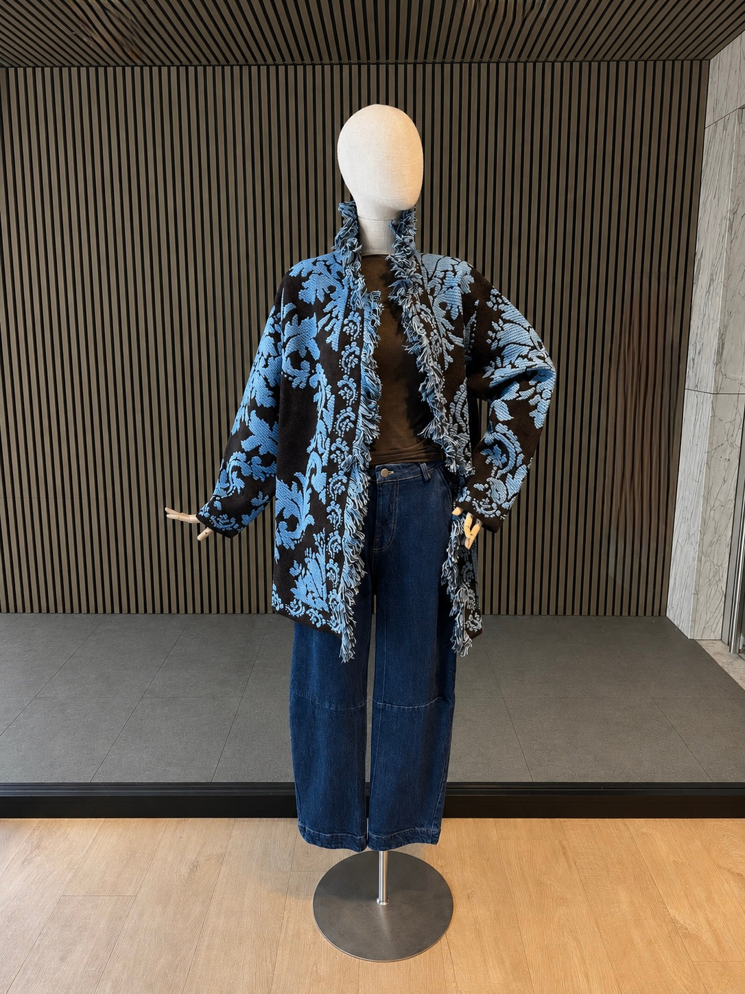 Women's Relaxed Fit Brown & Blue Baroque Jacquard Fringe Jacket